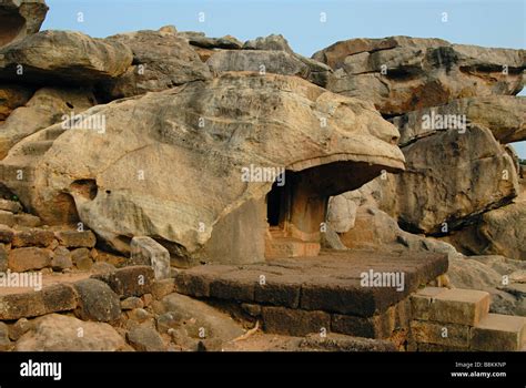 Closer View of the facade of Bagh cave or Tiger cave No.12. Orissa ...