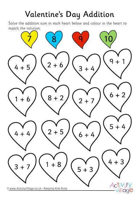 Valentine's Day Addition Worksheet | Math activities preschool, Math ...