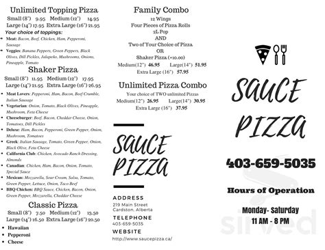 Sauce menu in Cardston, Alberta, Canada