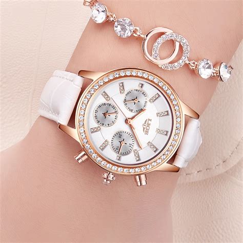 LIGE brand ladies gold diamond watch leather fashion casual quartz ...