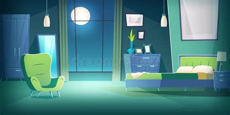 Bedroom Interior at Night with Moonlight Cartoon Stock Vector - Illustration of flat, cozy ...