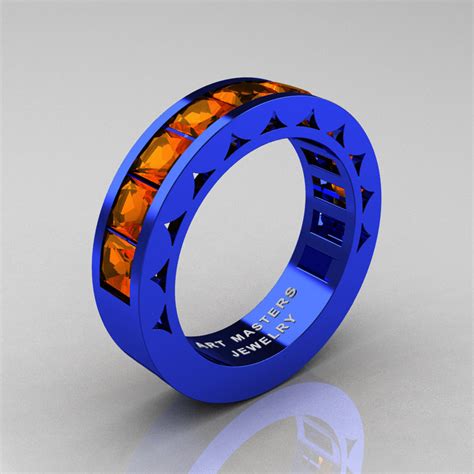 Mens Modern Italian 14K Blue Gold Princess Orange Sapphire Channel ...