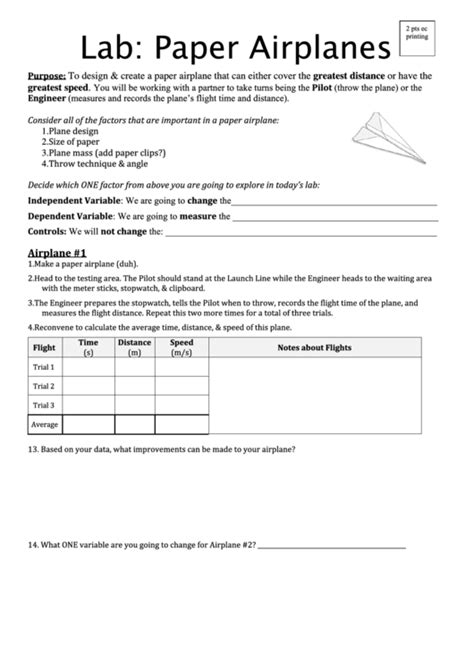 Lab: Paper Airplanes Worksheet printable pdf download