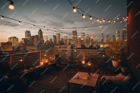 Premium Photo | A rooftop bar with a view of the city skyline.