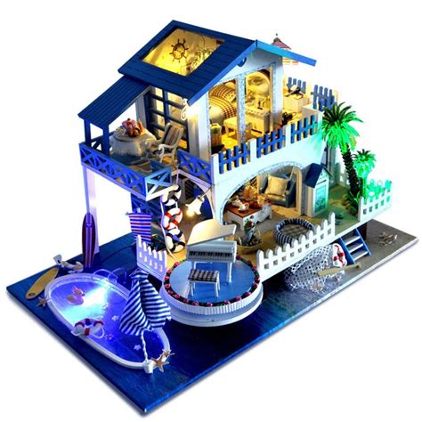 3D Diy Blue Villa With Swimming Pool Wooden Big Doll House Furniture ...