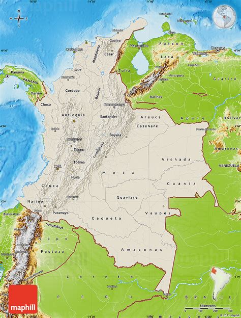 Shaded Relief Map of Colombia, physical outside