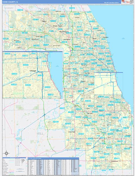 Cook County, IL Zip Code Wall Map Basic Style by MarketMAPS - MapSales