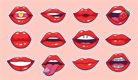 Lips pop art stickers. Cool vintage comic girl lips stickers, teenage ...