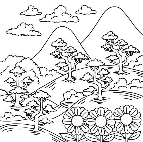 Print Design Nature Landscape Outline Coloring Page 12673533 Vector Art ...