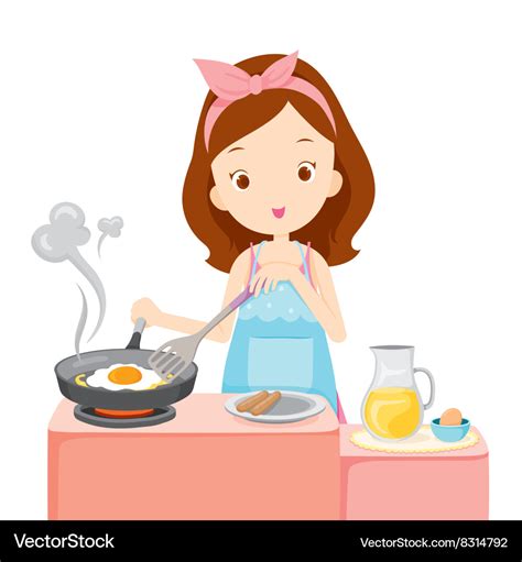 Girl cooking fried egg for breakfast Royalty Free Vector