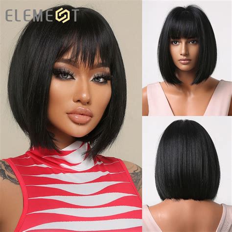 Short Straight Bob hair Wigs with Bangs for Black Women Party Cosplay ...