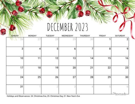 Free Printable December 2024 Calendar with Holidays | Free printable calendar templates, Free ...