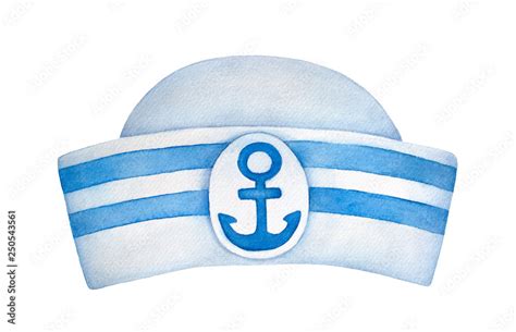 Classic sailor hat with blue stripes and decorative anchor emblem. One ...