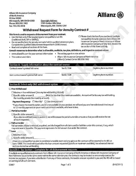 Allianz Life Insurance Company - Withdrawal Request Form For Annuity Contract printable pdf download