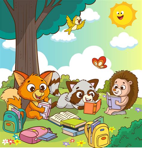 cute animals reading under the tree cartoon vector 22949280 Vector Art at Vecteezy