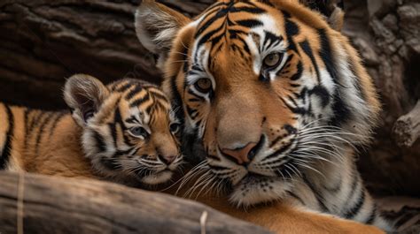 Mother And Cub In The Woods Of A Tiger Habitat Background, Amur Tiger Cub Interrupting Mothers ...