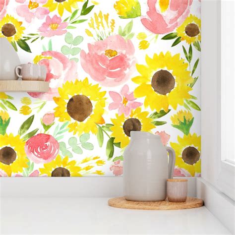 Watercolor Sunflower Botanical Wallpaper Sunflower Garden - Etsy