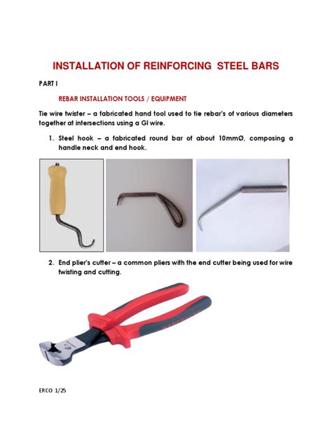 Installation of Reinforcing Steel Bars: Rebar Installation Tools / Equipment | PDF | Beam ...