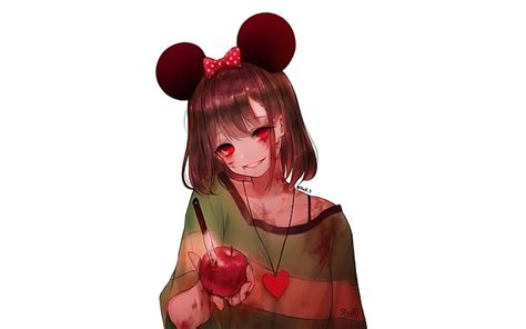 1680x1050px | free download | HD wallpaper: yandere girl, apple, knife, smirk, red eyes, ribbon ...