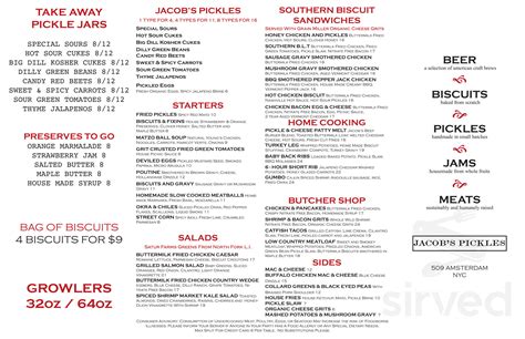 Jacob's Pickles menu in New York, New York, USA