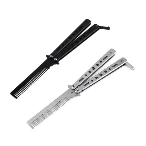 Stainless Steel Folding Knife Comb Styling Tools Barbershop beard comb Butterfly Style Black ...