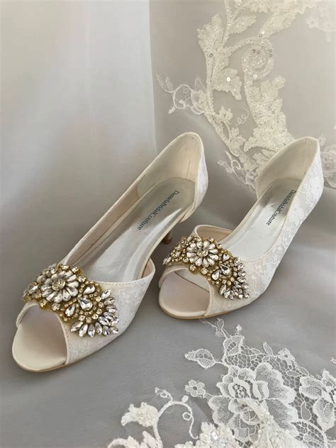 Bridal Shoes in Ivory Lace With Low Heel, Crystals and Rhinestones ...