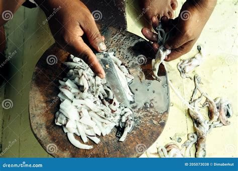 Hands Cut with a Knife of Squid Bait Fishing in the Gulf of Thailand ...