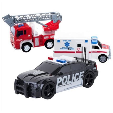 Dazmers 3-Pack Emergency Vehicles: Fire Truck, Ambulance, Police Car w/Light & Sound, Medium ...