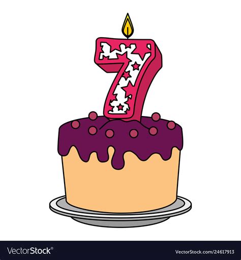 Cute number seven candle with sweet cake Vector Image