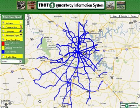 Nashville, TN Flooding - TDOT traffic conditions map. Roads marked in ...