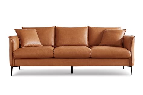 Valencia Jasper Leather Contemporary Three Seats Sofa, Cognac Color