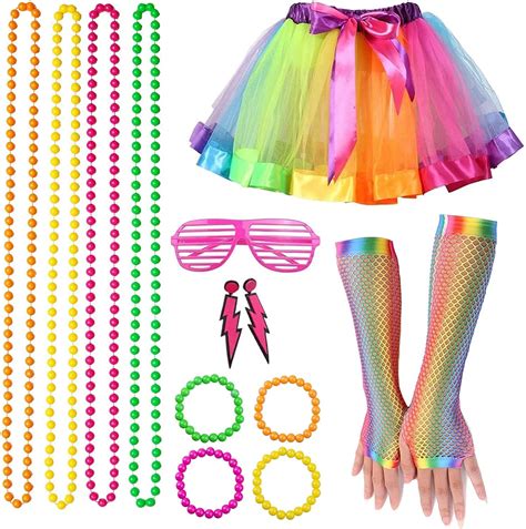 BIQIQI 80s Fancy Party Costume Accessories Set, 1980s Fancy Dress Neon ...