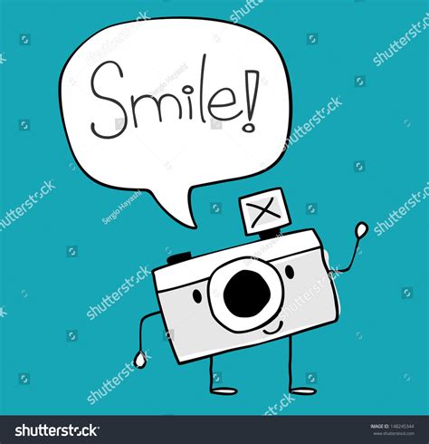 Happy Funny Camera With Smile Text Balloon, Legs And Arms Hand Drawn On ...