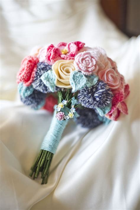 Bride bouquet of crochet flowers felt buttons brooch Pom pom wedding ...