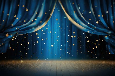 Blue theater curtain with golden lights and spotlights. 3d rendering ...