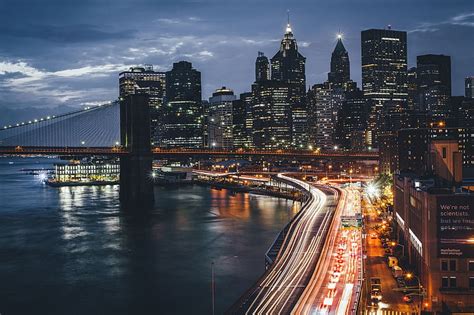 HD wallpaper: Brooklyn Bridge, USA, city, New York City, night, lights, built structure ...