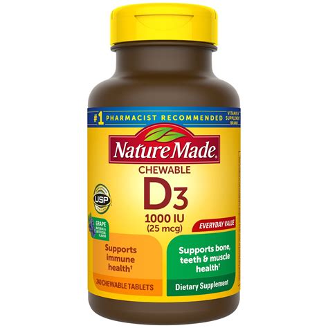 Nature Made Adult Chewable D3 25 mcg (1000 IU) Tablets, 240 Count ...