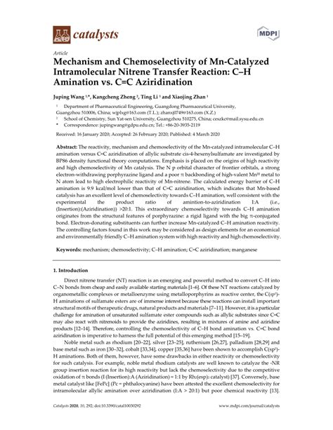 (PDF) Mechanism and Chemoselectivity of Mn-Catalyzed Intramolecular Nitrene Transfer Reaction: C ...