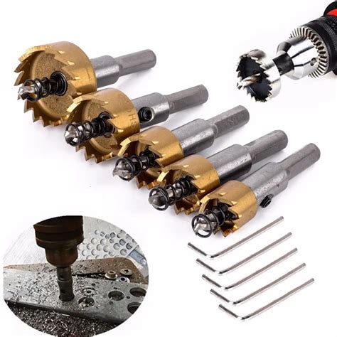 5 Pcs Carbide Tip HSS Drill Bit Saw Set Metal Wood Drilling Hole Cut Tool For Installing Locks ...