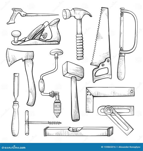 Carpentry Professional Tools Hand Drawn Illustrations Set Stock Vector ...