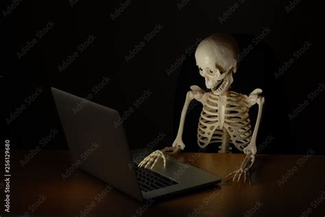 Foto Stock skeleton with skull working on laptop at night with amazement on his surprised face ...