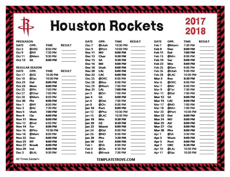 Printable 2017-2018 Houston Rockets Schedule