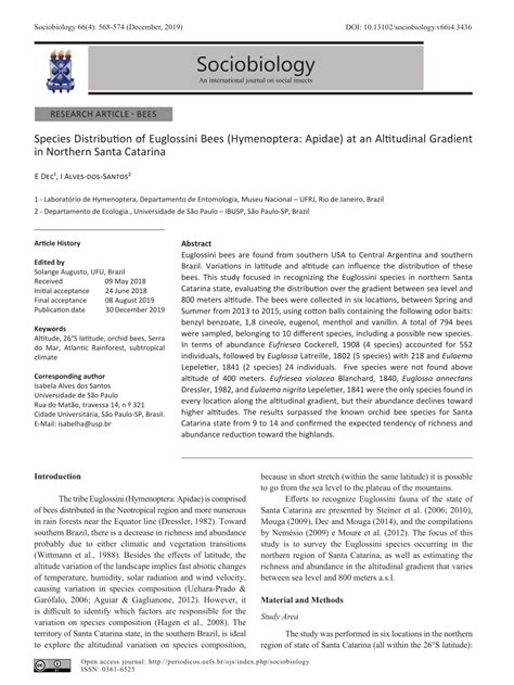 (PDF) Species Distribution of Euglossini Bees (Hymenoptera: Apidae) at an Altitudinal Gradient ...