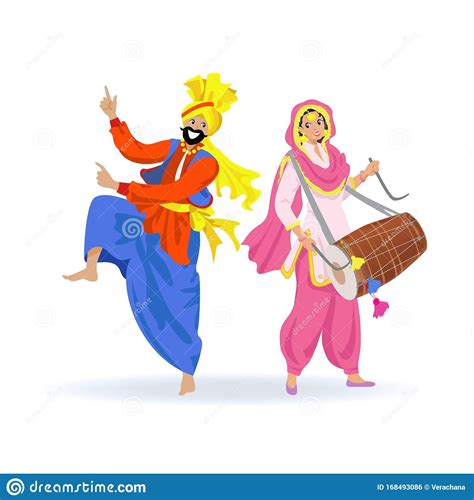 Young Merry Indian Sikh Couple, Man in Turban Dancing Bhangra Dance and Woman Playing Dhol Drum ...