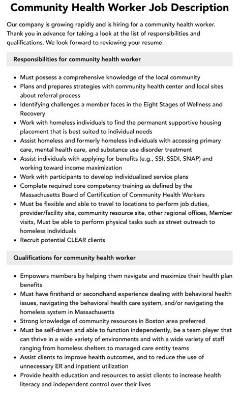 Community Health Worker Job Description | Velvet Jobs