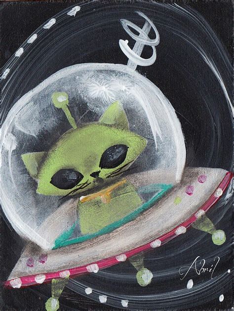 Mid Century Modern Painting - Alien Green Space Cat by Abril Andrade Griffith Alien Painting ...