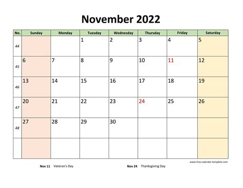 November 2022 Calendar Printable with coloring on weekend (horizontal ...