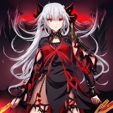 A short anime girl, red and black dress, white hair and black eyes with a giant blach scythe ...