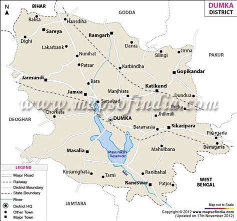 District Map of Dumka, showing major roads, district boundaries, headquarters, rivers and other ...