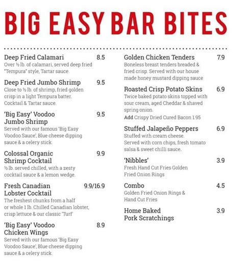 Menu at Big Easy Kings Road pub & bar, London, 332-334 King's Rd